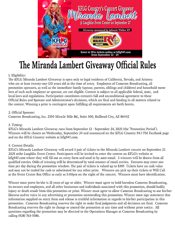KFLG Country The Miranda Lambert Giveaway Official Rules